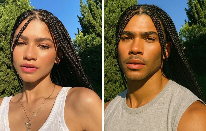 Dvojica ľudí s pletenými vrkočmi na slnkom zaliatej záhrade.