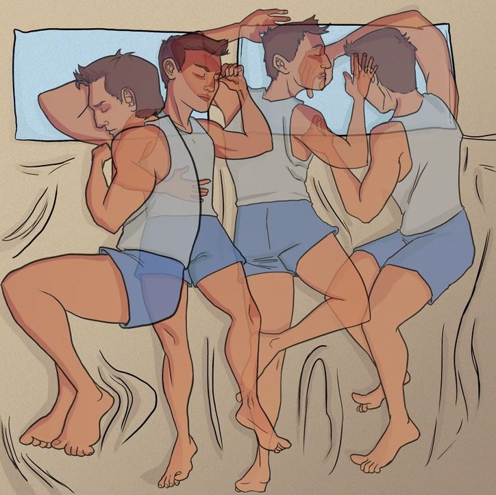 Muž leží v rôznych spánkových polohách na posteli, ilustrujúcich pohodlné a nepohodlné pozície počas noci.