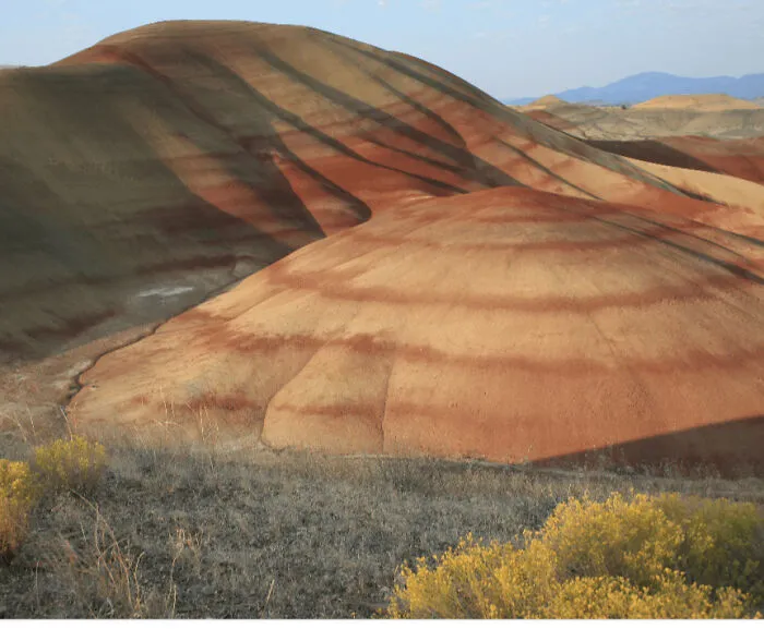 Farebné vrstvy na kopcoch v Painted Hills, Oregon, s tieňmi a rastlinami v popredí.