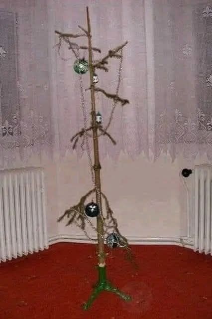 Minimalistický vianočný stromček s riedkou ozdobou v interiéri so záclonou, radiátorom a červeným kobercom.