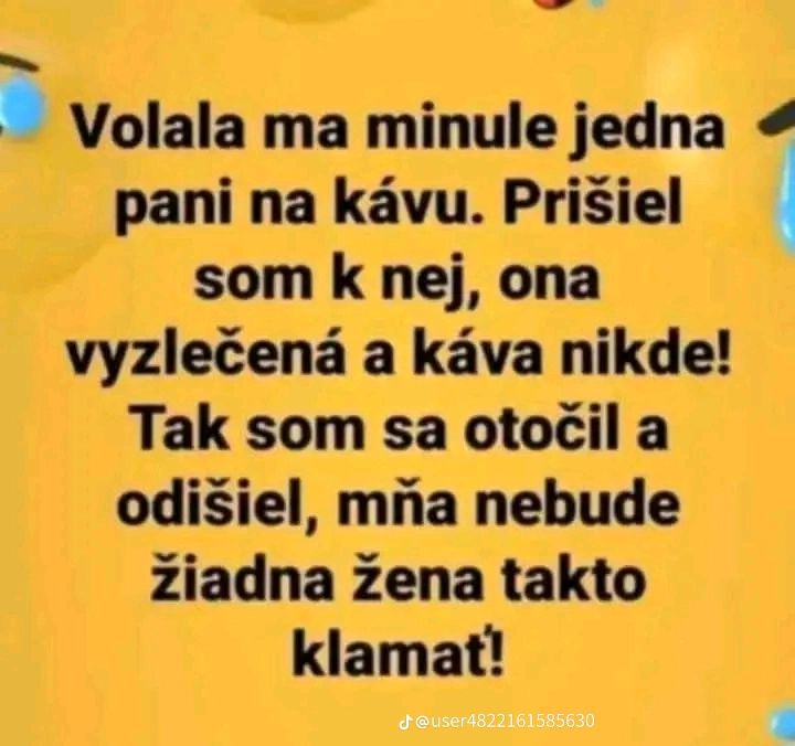 Žlté pozadie s textom vtipu o návšteve u ženy, kde nebola káva, ale iné prekvapenie.