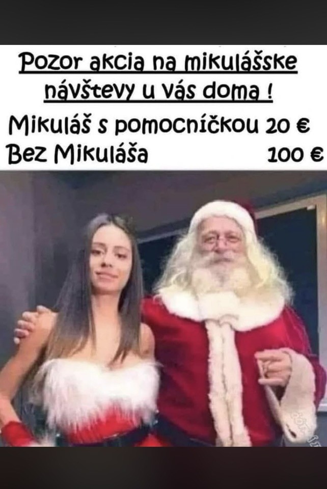 Plagát ponúka Mikulášske návštevy s asistentkou za zľavnenú cenu, 20 €; bez Mikuláša za 100 €.