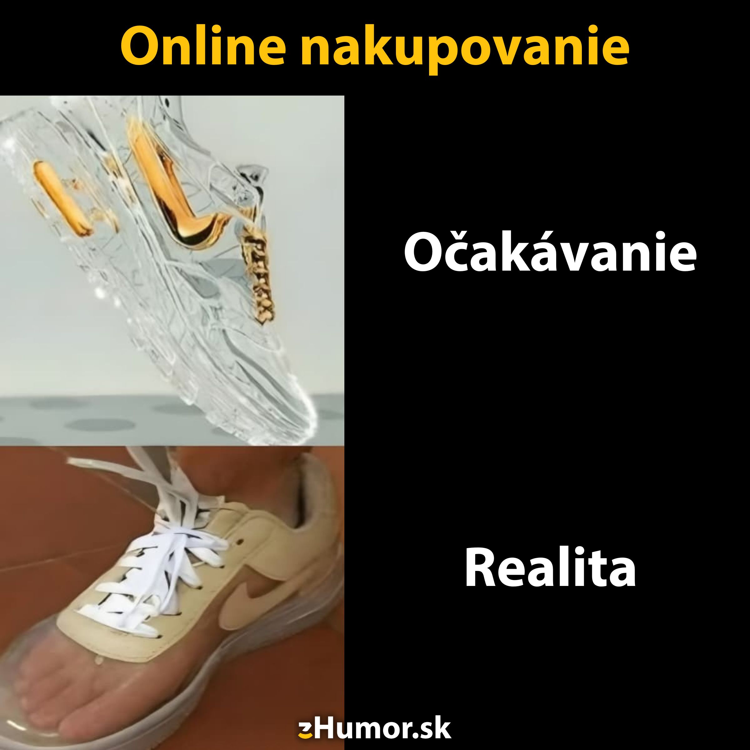 Očakávanie versus realita pri online nákupe topánok: reklama vs skutočný produkt.