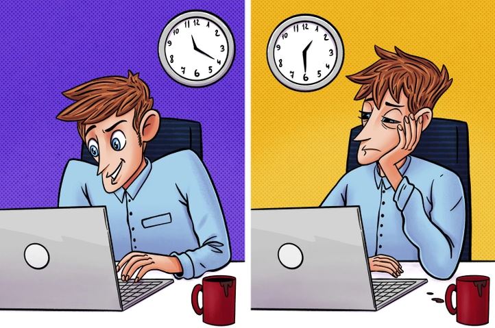 Muž pri počítači: ráno produktívny a večer unavený, s kávou a dvoma hodinami zobrazenými nad ním.