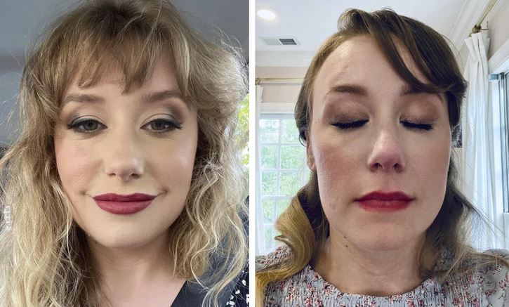 Ľudia s rôznym mejkapom pred a po úprave vlasov a líčenia, blond a hnedé vlasy.