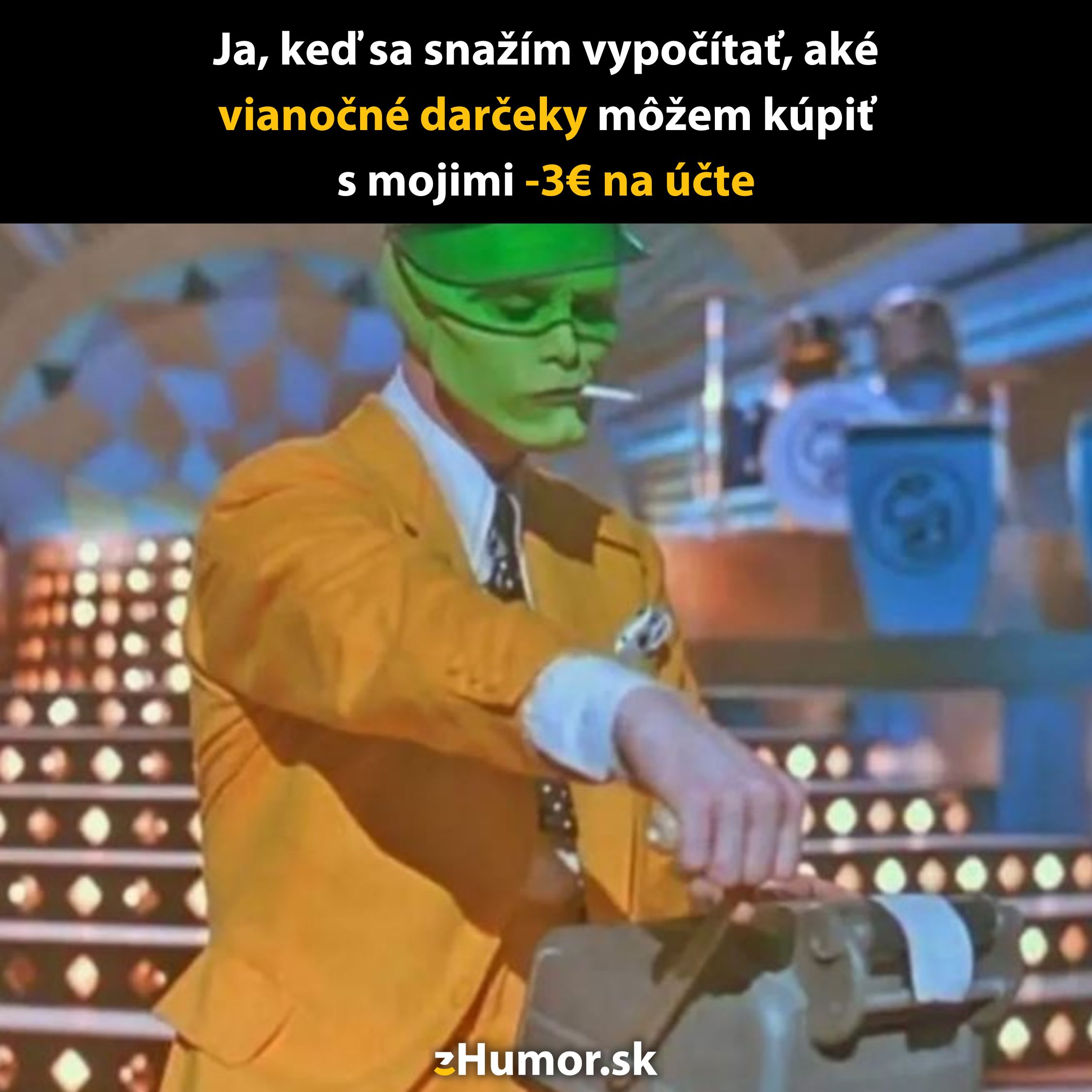 Muž so zelenou maskou a cigaretou počíta na starom stroji; humor o mínusovom zostatku na účte.