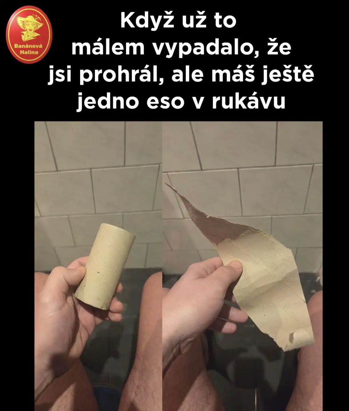 Prázdny kotúč toaletného papiera a jeho rozvinutie ako improvizované riešenie núdzovej situácie.