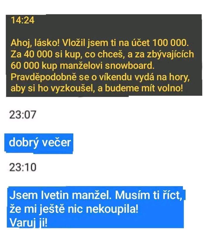 Vtipná textová konverzácia; zamýšľaný darček je odhalený manželom cez správy.