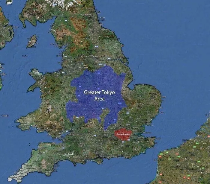 Porovnanie veľkosti oblasti Veľkého Tokia a Veľkého Londýna na mape Anglicka.