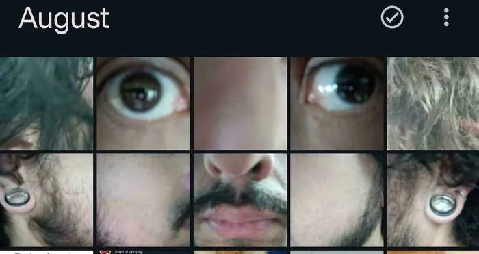 Koláž tvárových detailov s očami, nosom, perami a uchom osoby. Zábery vytvorené v auguste.