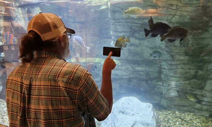 Muž v kockovanej košeli fotí mobilom ryby v akváriu.