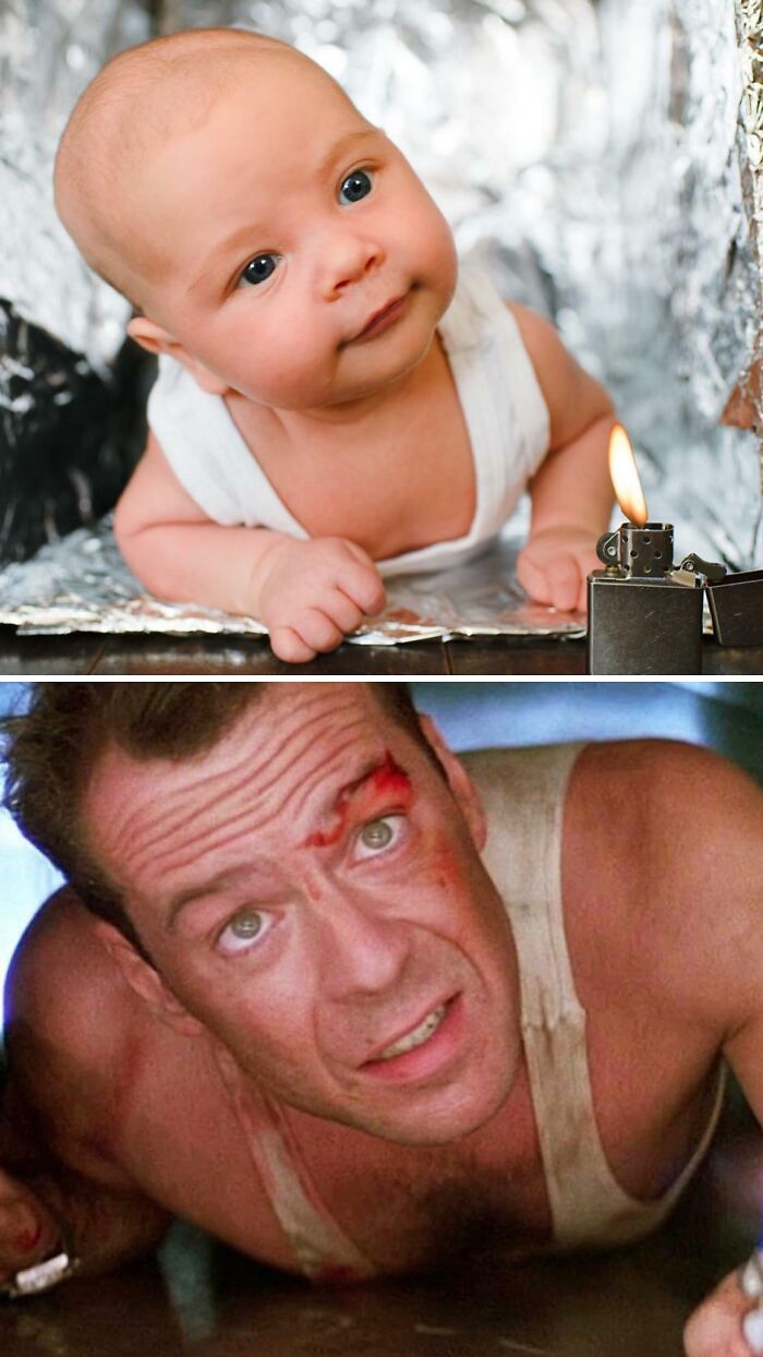 Dieťa v bielom tielku na alobale vedľa zapalovača, podobné scéne z akčného filmu s mužom v potrubí.