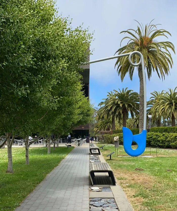 Moderná plastika veľkého modrého kladiva medzi palmami v parku s chodníkom a lavičkami.