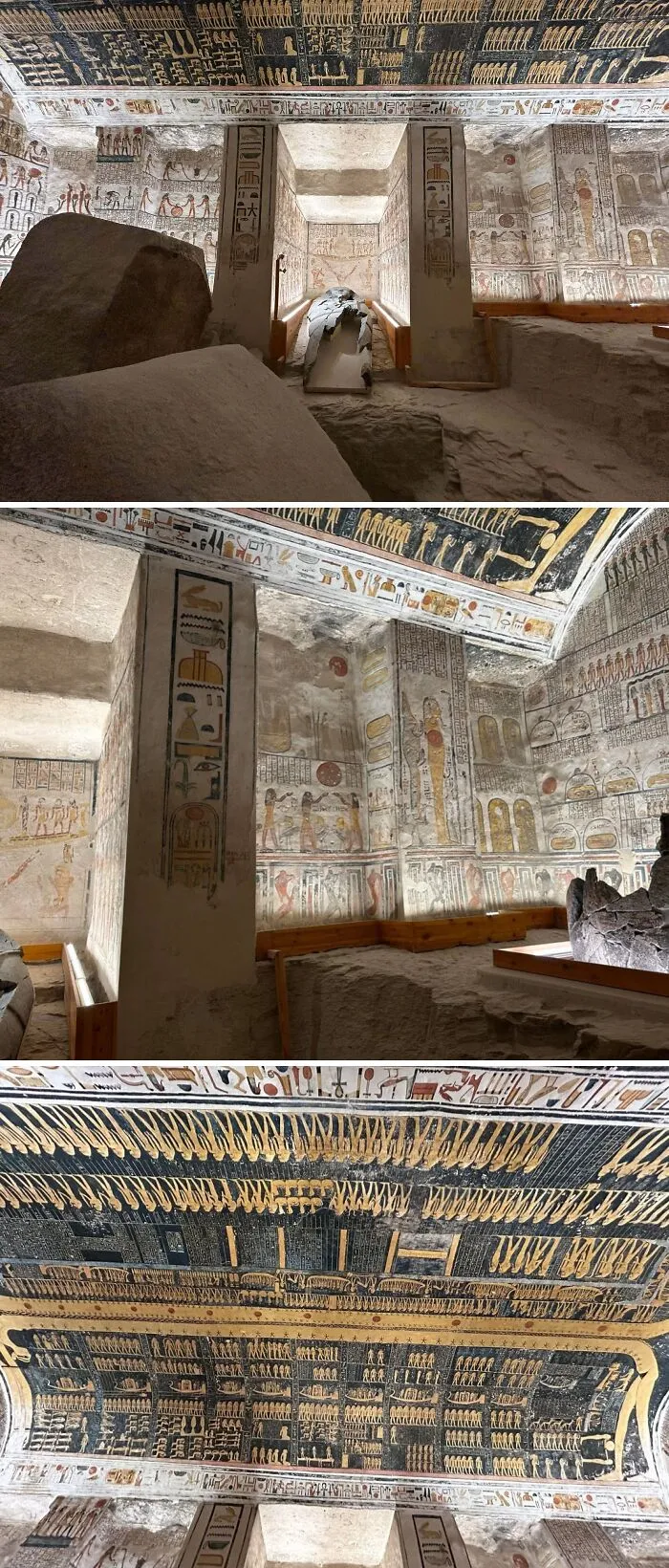 Egyptská hrobka s krásnymi hieroglyfmi a nástennými maľbami na stenách a strope, staroveká kultúrna architektúra.