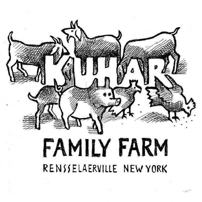 Ilustrácia loga farmy s nápisom Kuhar Family Farm, Rensselaerville, New York a kresby zvierat.