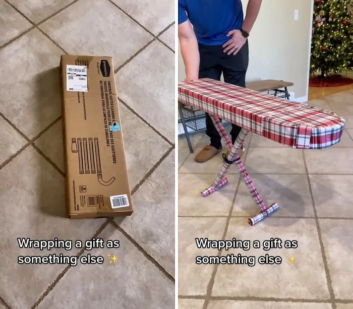 Darček zabalený ako žehliaca doska, kreatívne balenie na dosiahnutie prekvapenia.