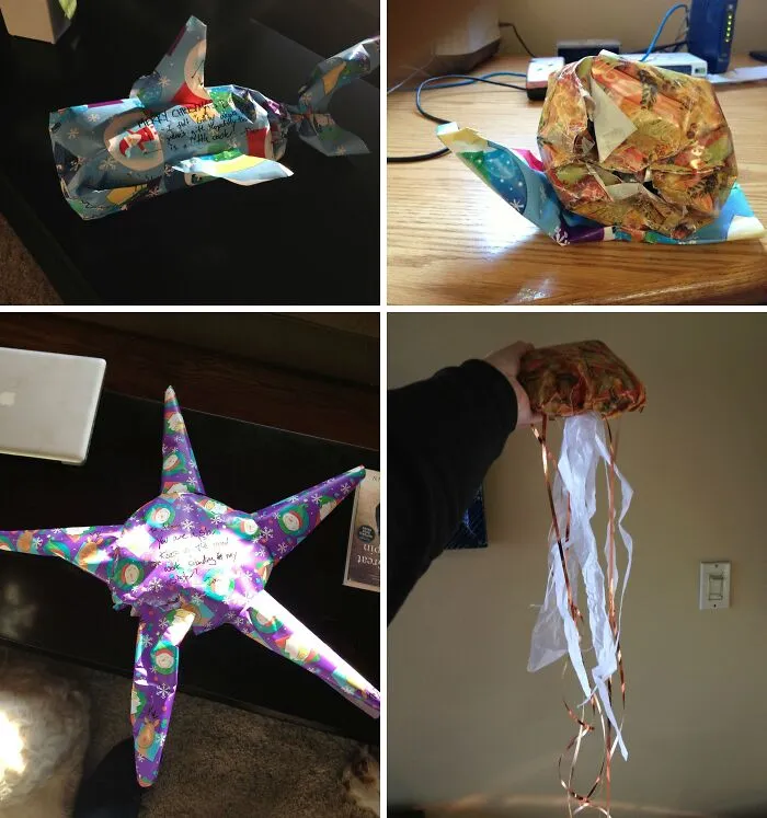 Vianočne zabalené predmety v tvare zvierat a hviezdy na stole.