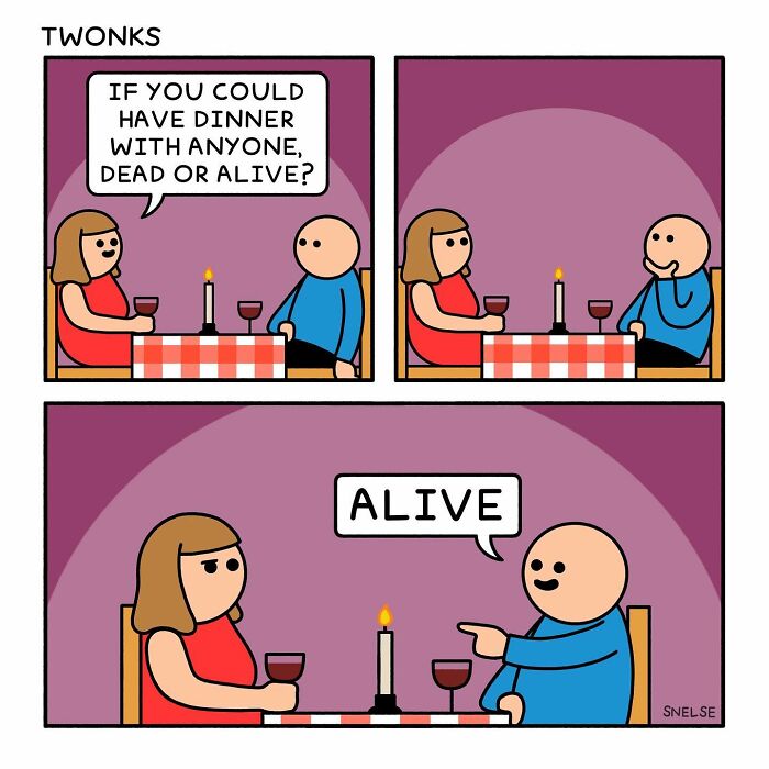 Karikatúra večere: žena sa pýta muža, s kým by jedol, živým alebo mŕtvym. Muž odpovedá: Živým.