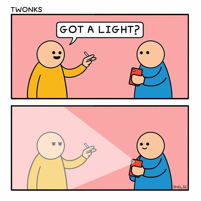 Dve kreslené postavy, jedna pýta oheň a druhá svieti mobilom, vtipná situácia, výrazné farby, komiksový štýl.