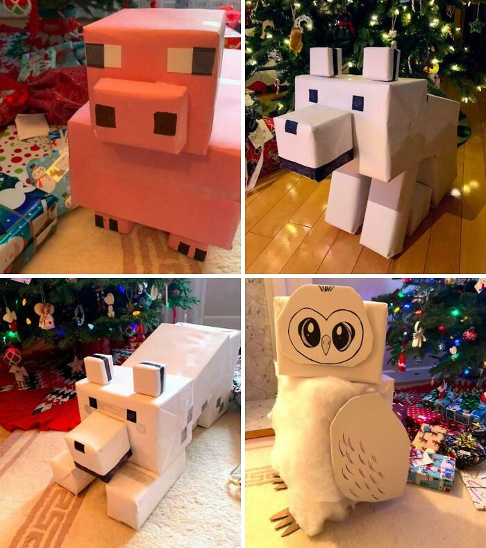 Vianočné darčeky balené do podoby zvierat z papiera pod vianočným stromčekom.