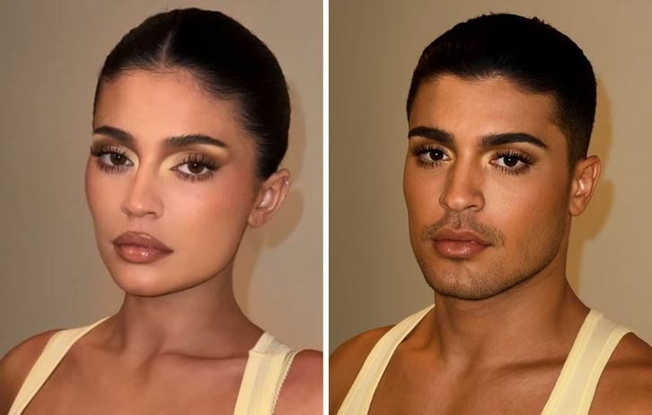 Osoba naľavo a napravo s rovnakým makeupom a účesom, v béžovom oblečení, pohľad do kamery.