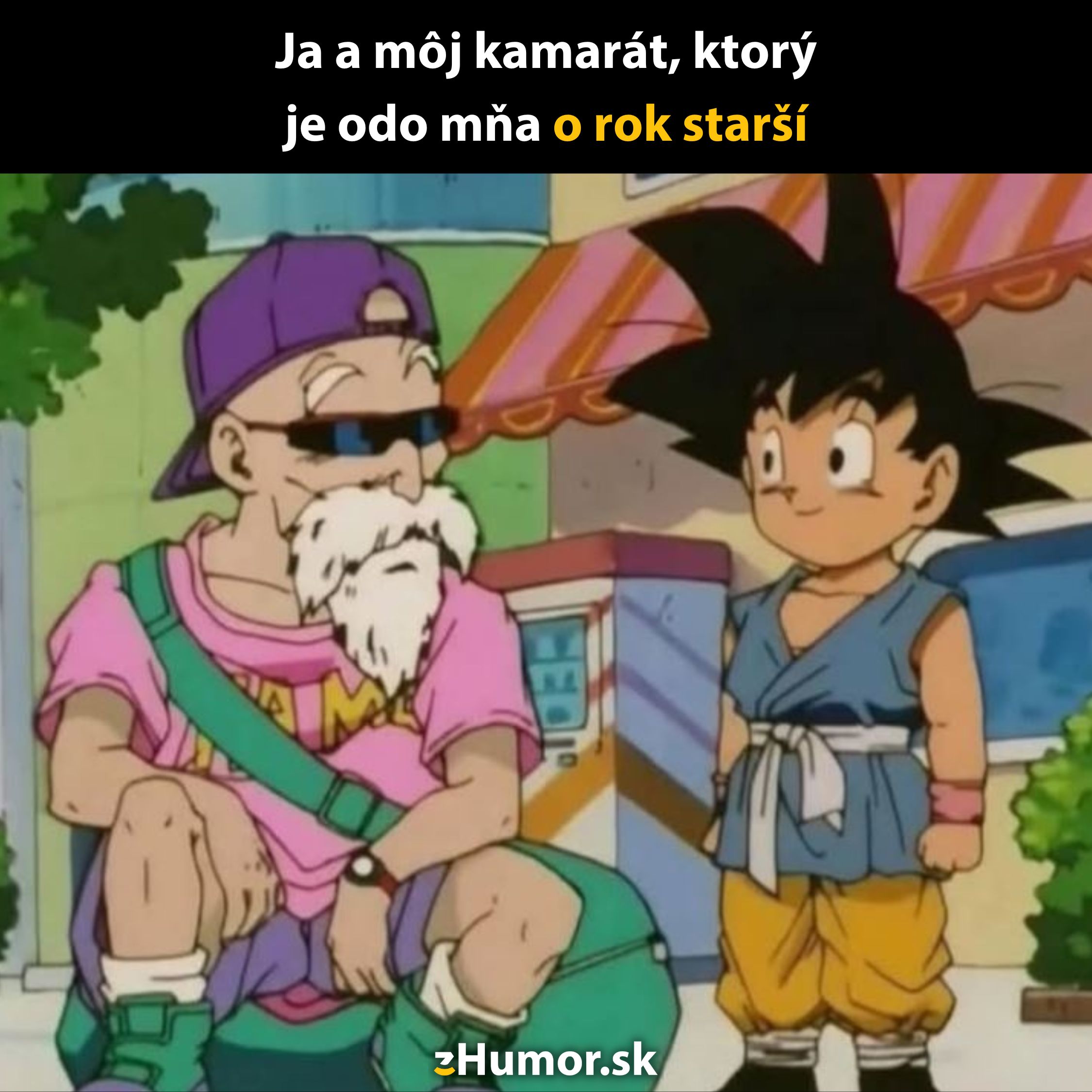 Dvaja kreslení postavy s nápisom ja a môj kamarát, ktorý je odo mňa o rok starší na humornej ilustrácii.