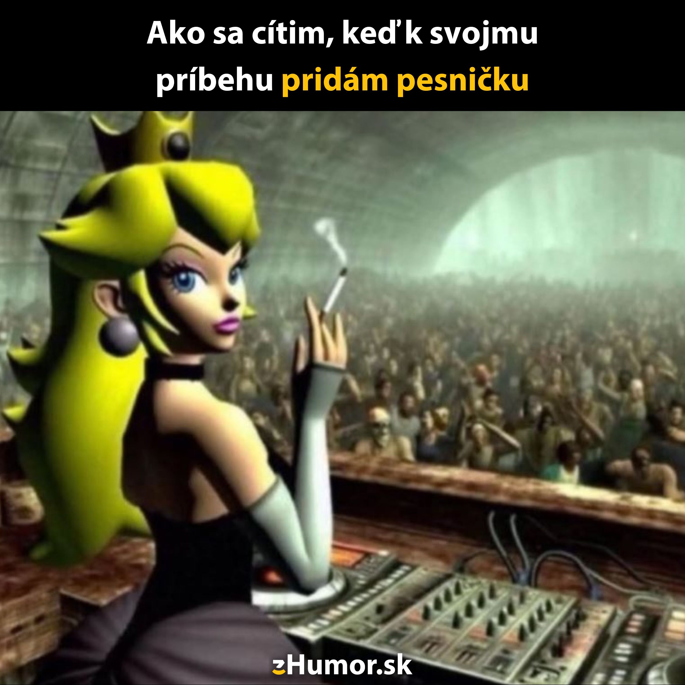 Karikatúrna postava DJ v klube drží cigaretu, pri ovládači s davom ľudí v pozadí.