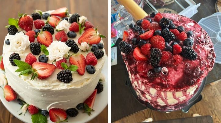 Dva lahodné koláče ozdobené čerstvými bobuľami, jahodami a krémom na drevenom stole.