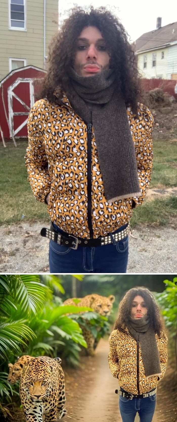 Osoba v leopardom kabáte pred budovou a medzi leopardmi v džungli. Dve fotografie v zaujímavom kontraste.