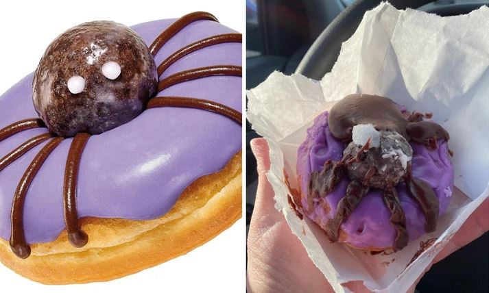 Fialová šiška s čokoládovou pavúkovou dekoráciou, zabalená na predaj a pripravená na konzumáciu.