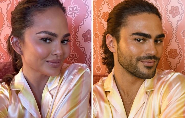 Dve osoby v pastelových košeliach pózujú pred ružovým vzorovaným pozadím.