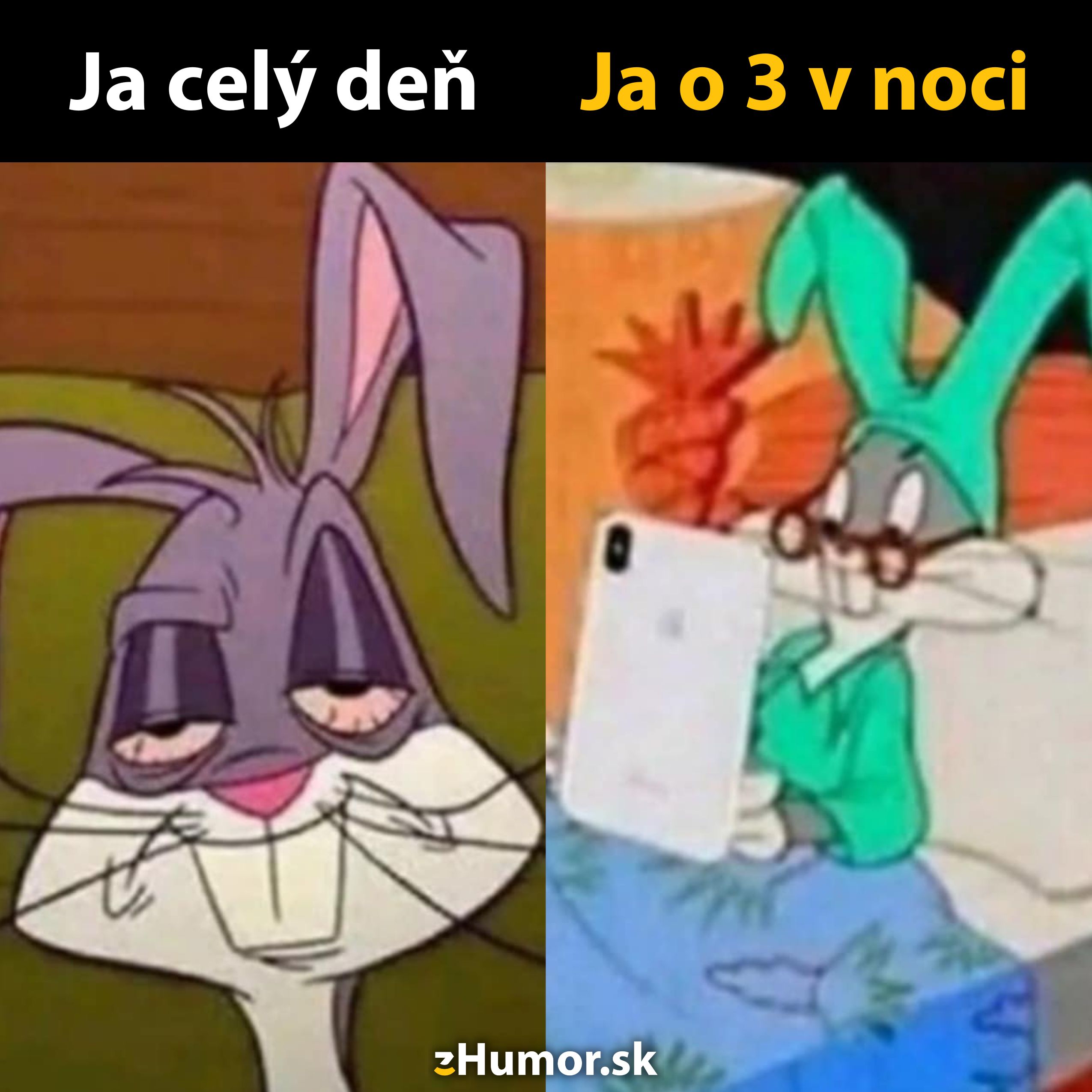 Kreslený králik unavený cez deň, aktívny o tretej ráno s tabletom v posteli, zobrazujúci bežnú nočnú situáciu.