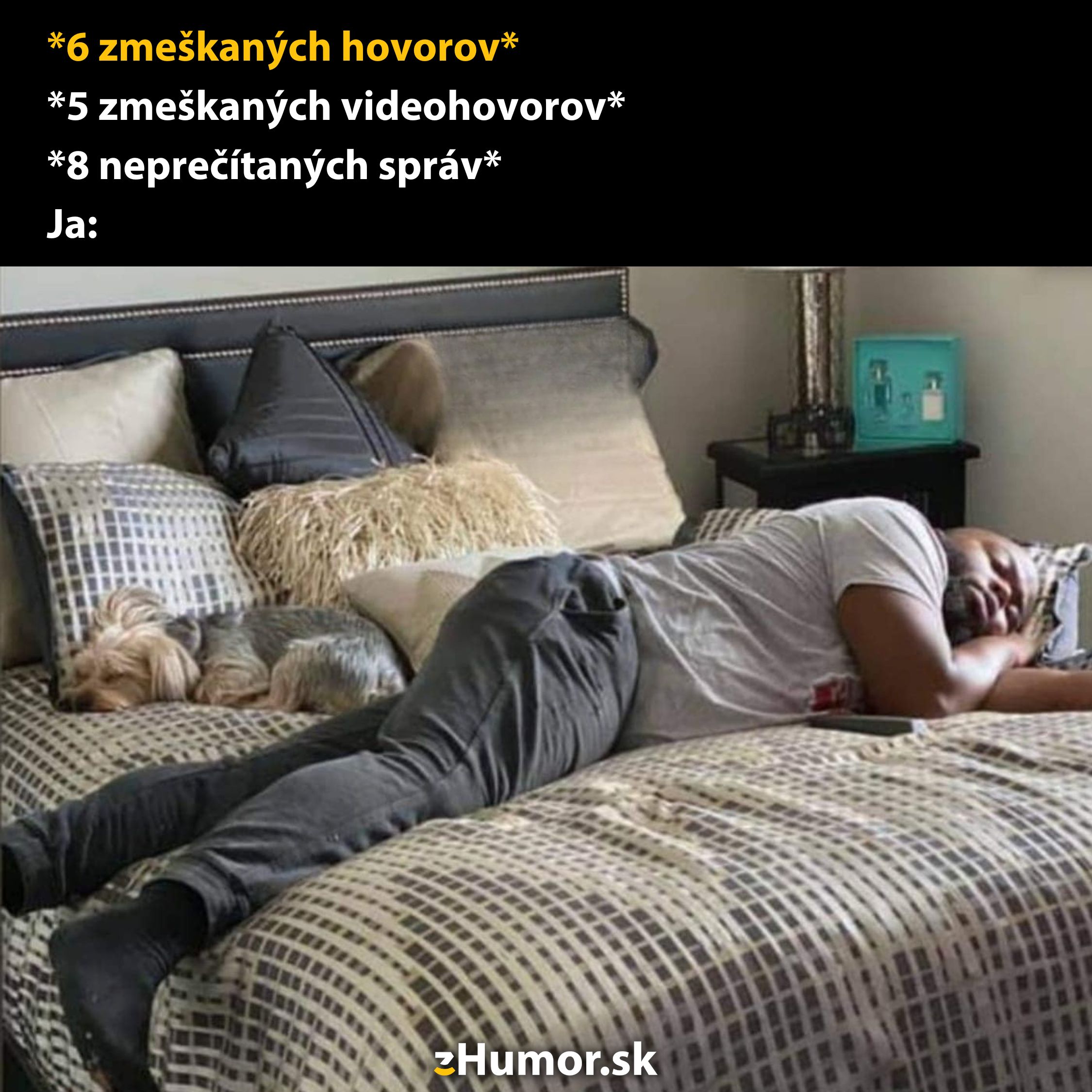 Spánok pred telefónom: muž a pes oddychujú na posteli napriek zmeškaným hovorom a správam.