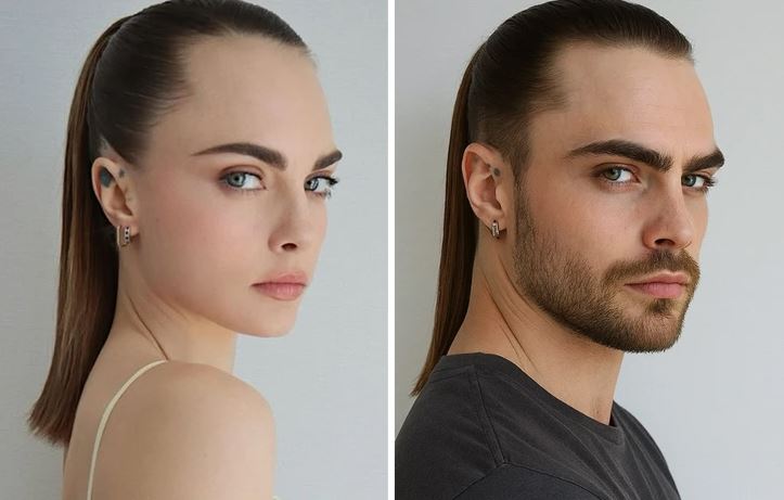 Osoba s dlhými vlasmi a výraznými črtami tváre vo dvojici portrétov.