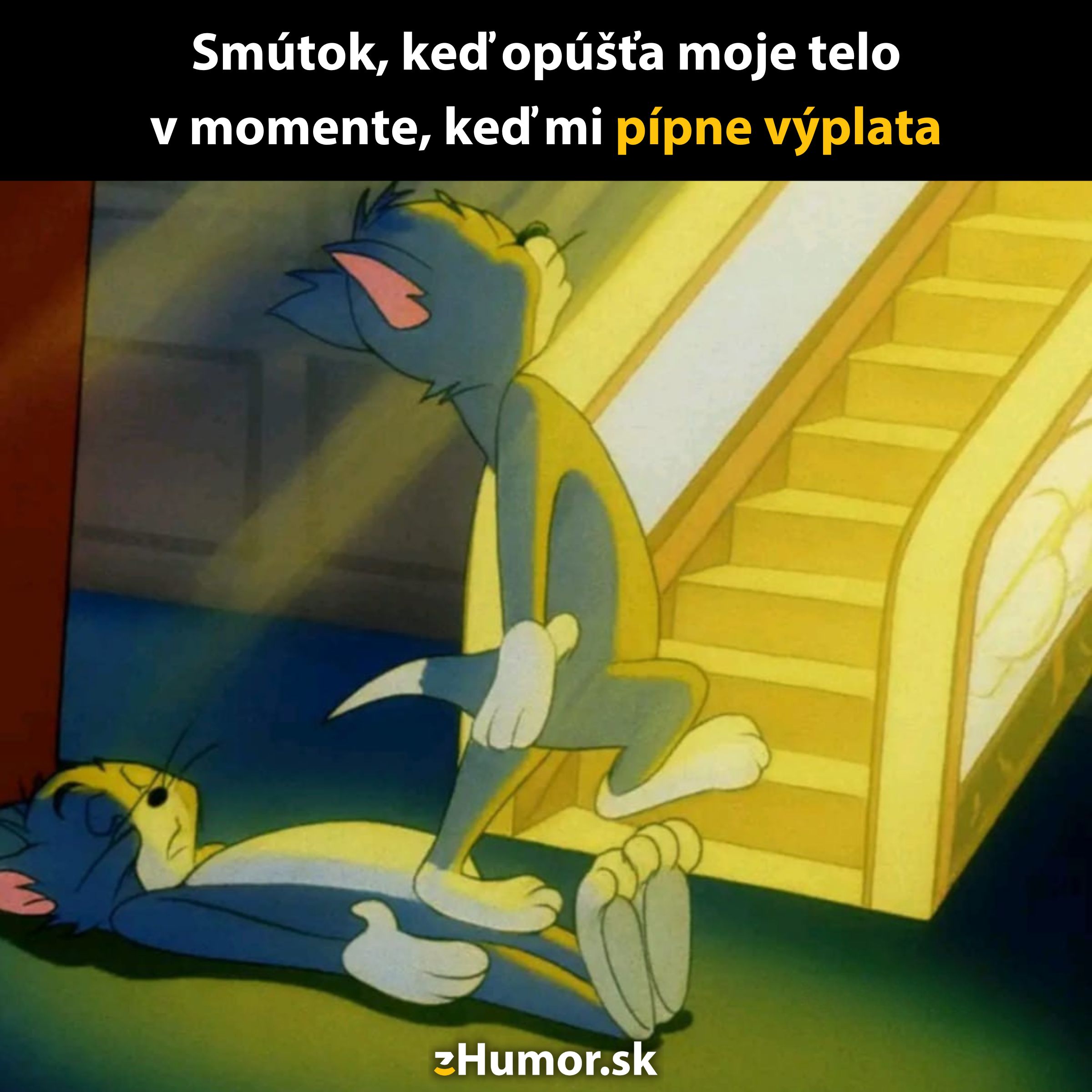 Animovaná postava odchádza do neba, keď dostane výplatu, čo symbolizuje radosť a úľavu.