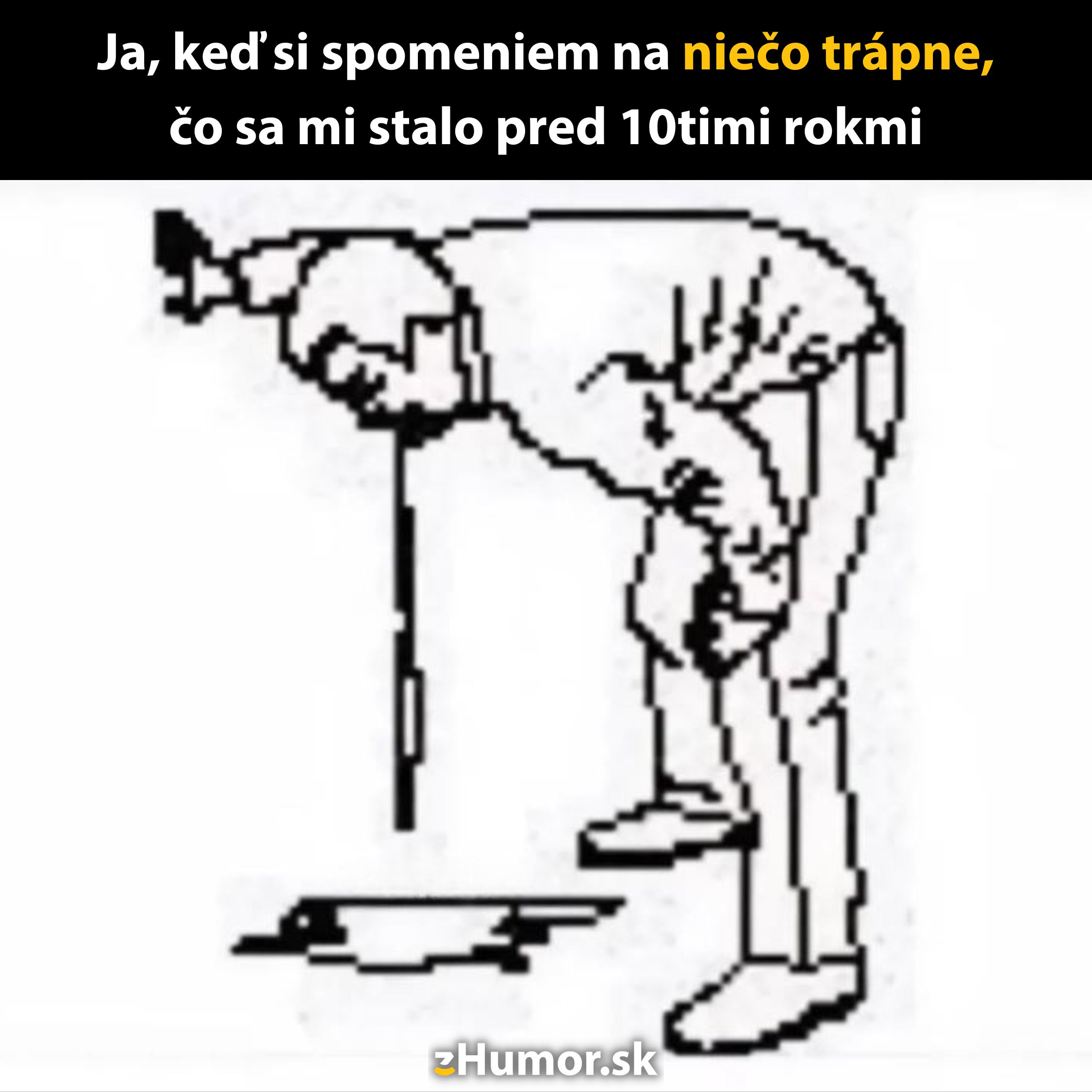 Ilustrácia človeka nakloneného s palicou, s textom o trápnej spomienke spred 10 rokov.