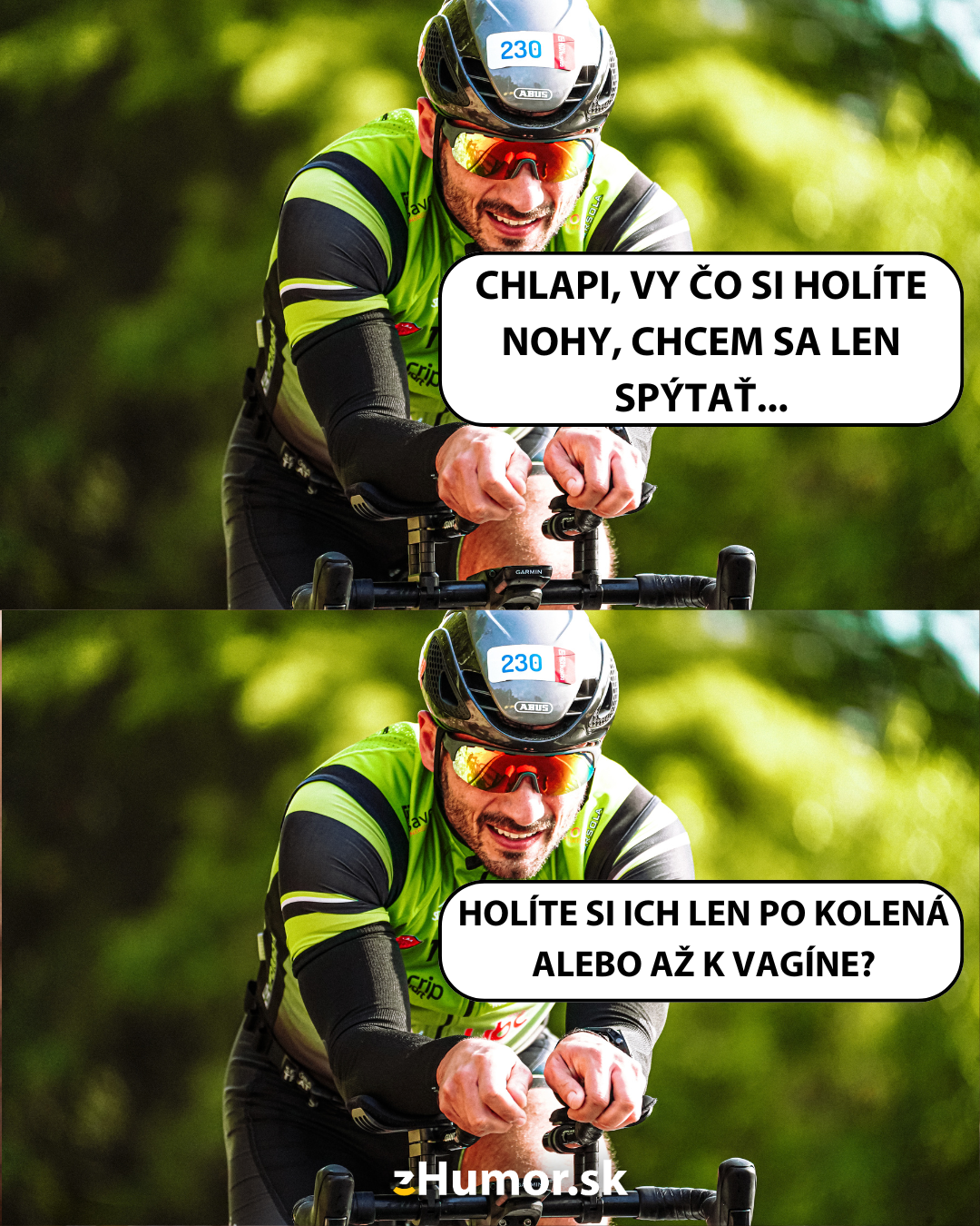 Cyklista v prilbe sa smeje a diskutuje o holení nôh ako vtipná situácia na trati.