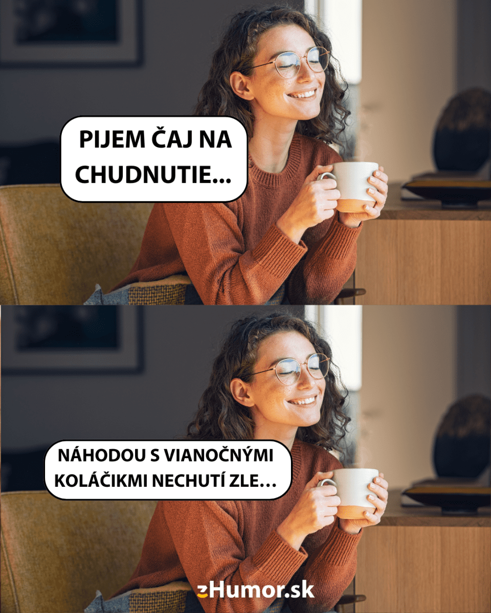 Žena s okuliarmi pije čaj a usmieva sa, humoristický text o chudnutí a vianočných pečivách.