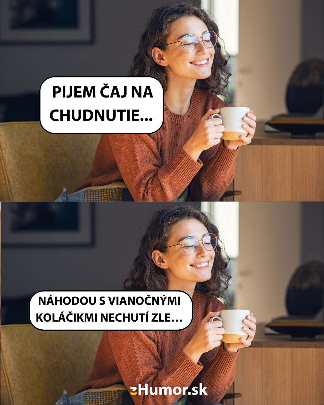 Žena s okuliarmi pije čaj a usmieva sa, humoristický text o chudnutí a vianočných pečivách.