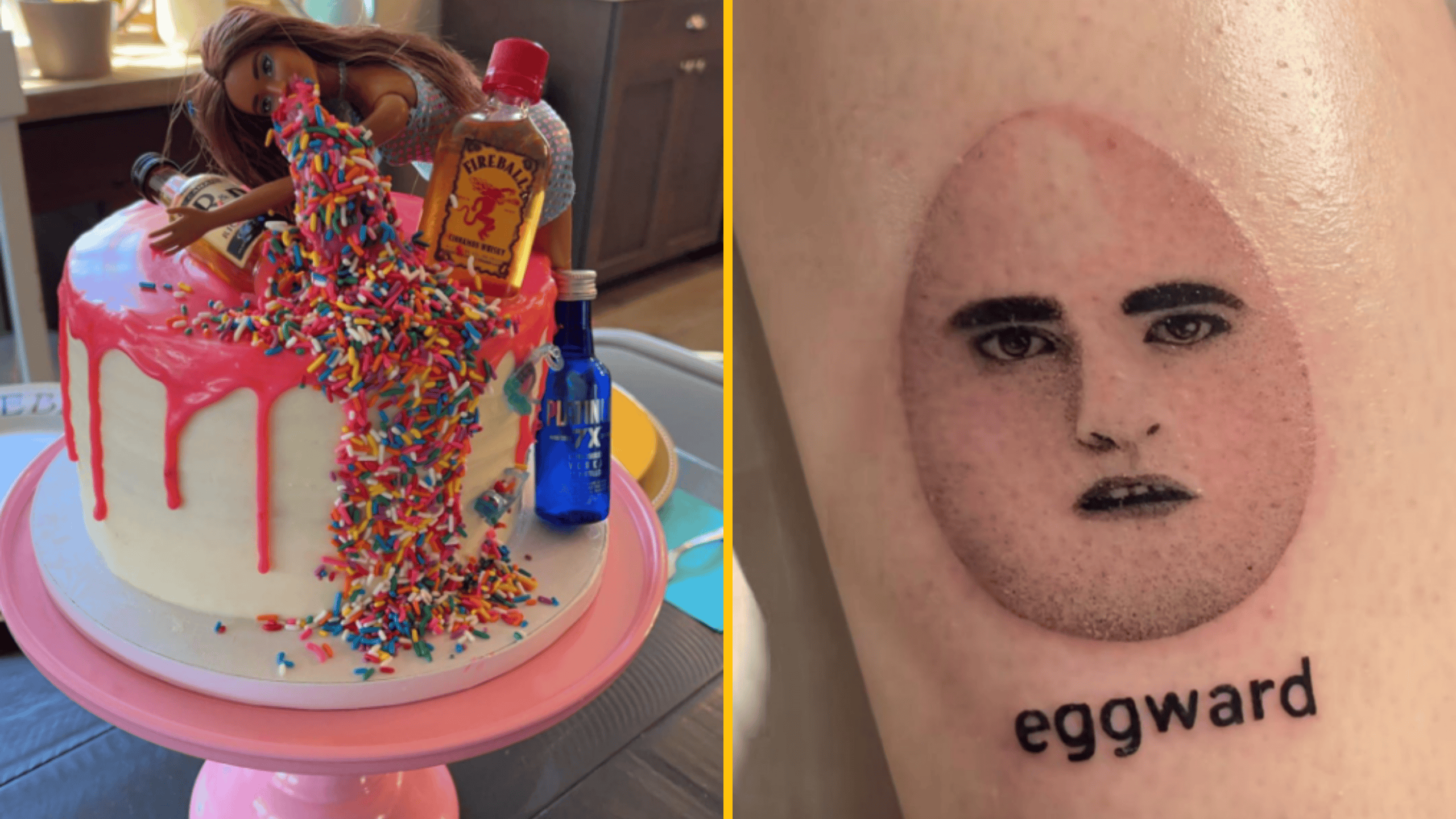 Torta s bábikou a fľaškami, vedľa tetovanie tváre na vajci s nápisom eggward. Humor a originalita v umení.