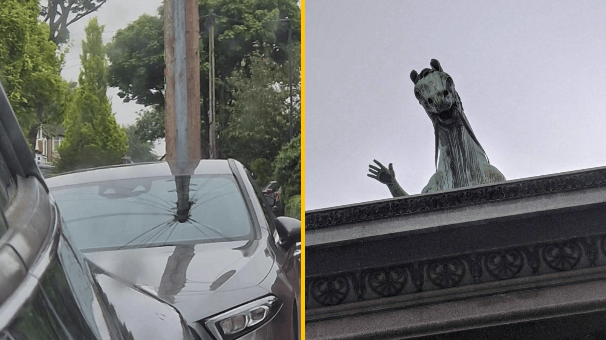 Auto s tyčou cez čelné sklo a socha koňa mávajúca z budovy.