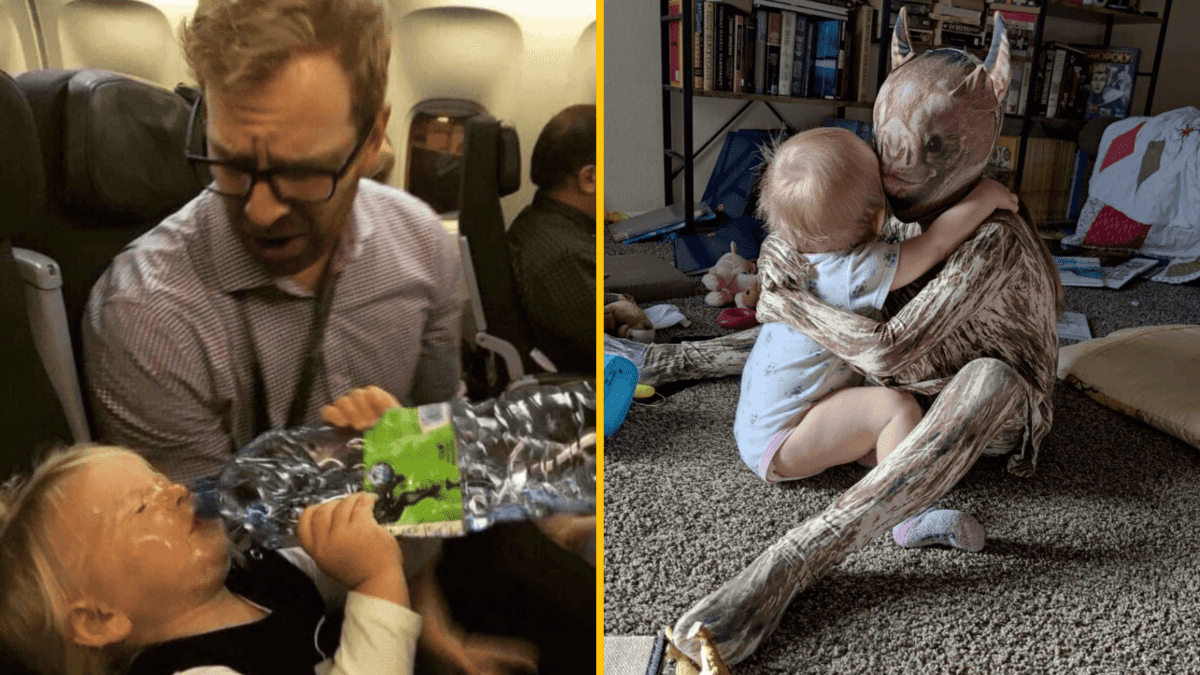 Ľavý obrázok: Dieťa na palube lietadla s nešťastne otvorenou fľašou vody. Pravý obrázok: Dieťa objíma osobu v kostýme.