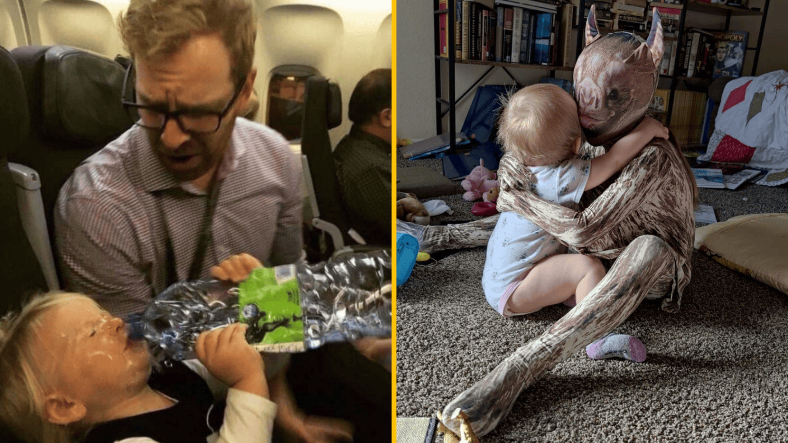 Ľavý obrázok: Dieťa na palube lietadla s nešťastne otvorenou fľašou vody. Pravý obrázok: Dieťa objíma osobu v kostýme.