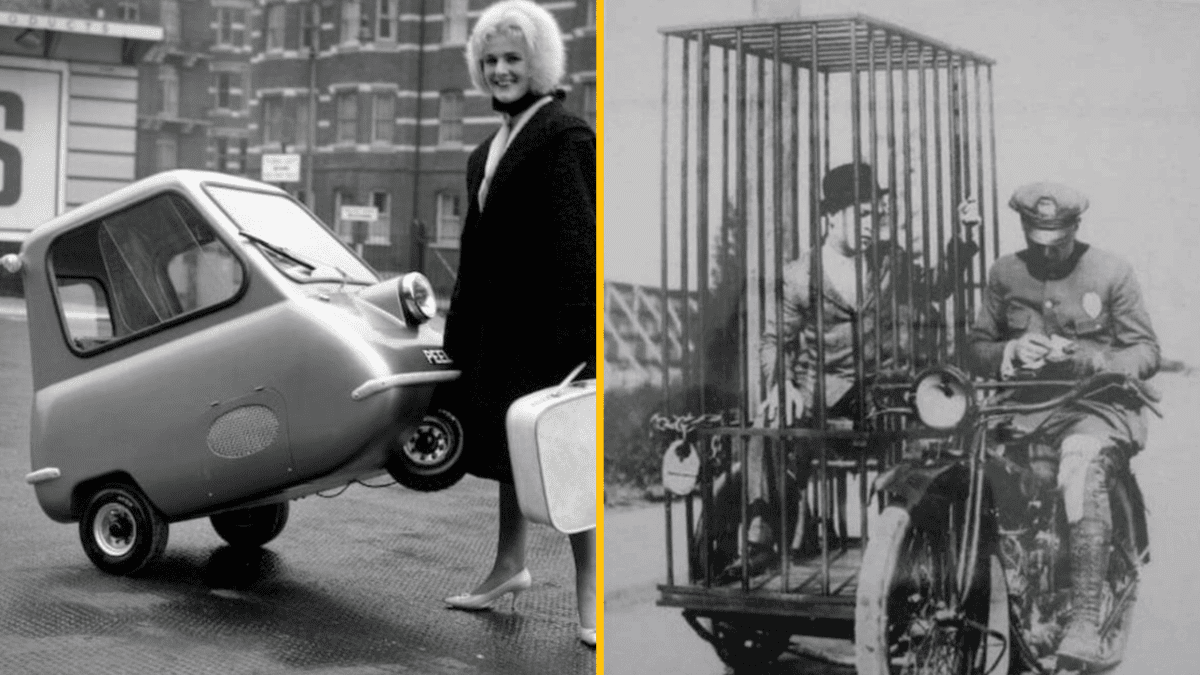 Žena s kufrom vedľa malého auta; muž v klietke na motorke s policajtom, historické obrázky.