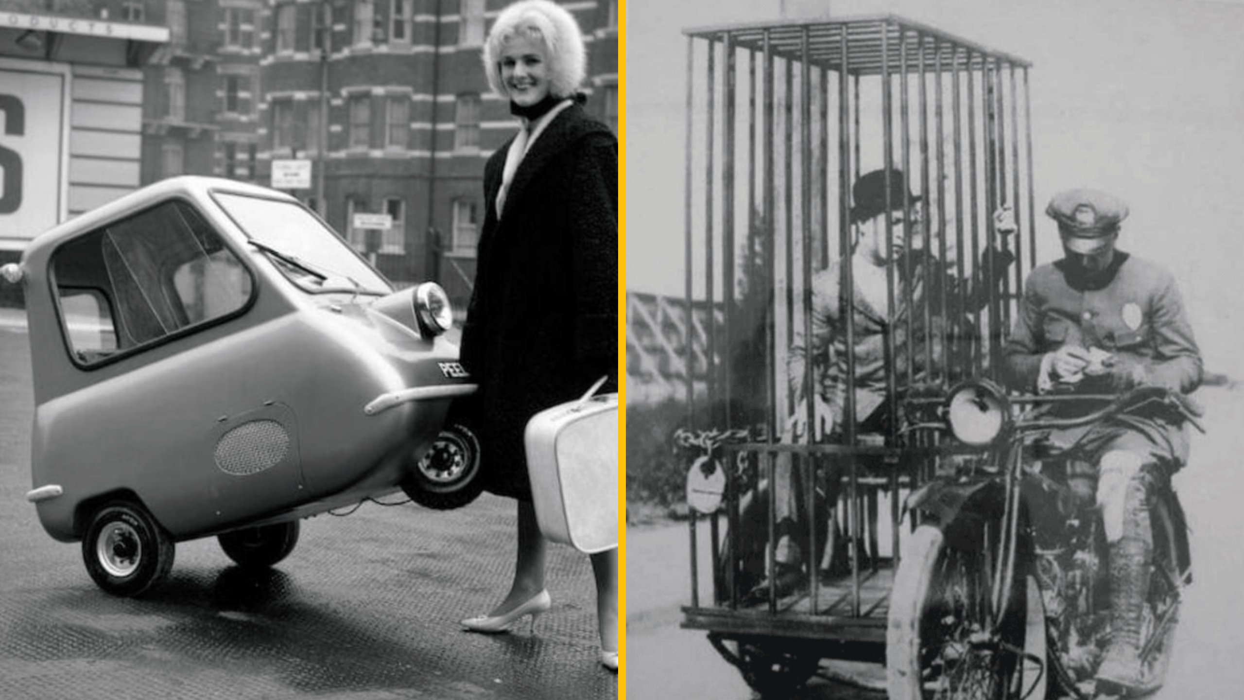 Žena s kufrom vedľa malého auta; muž v klietke na motorke s policajtom, historické obrázky.