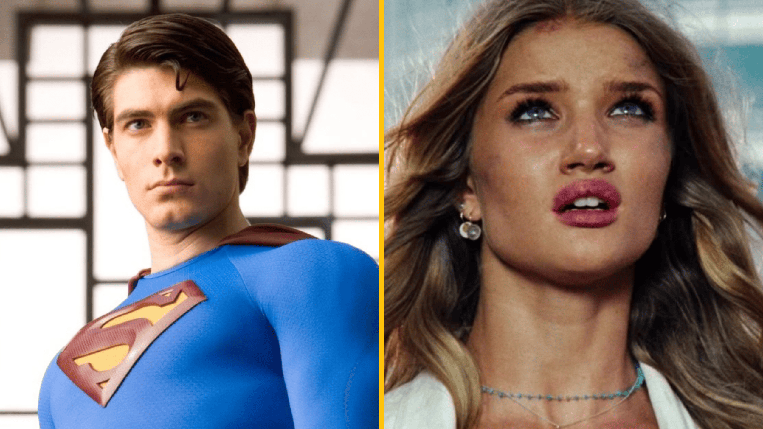 Dva filmové postavy, muž v modrom kostýme s červeným plášťom a žena pozerajúca s výrazom údivu.