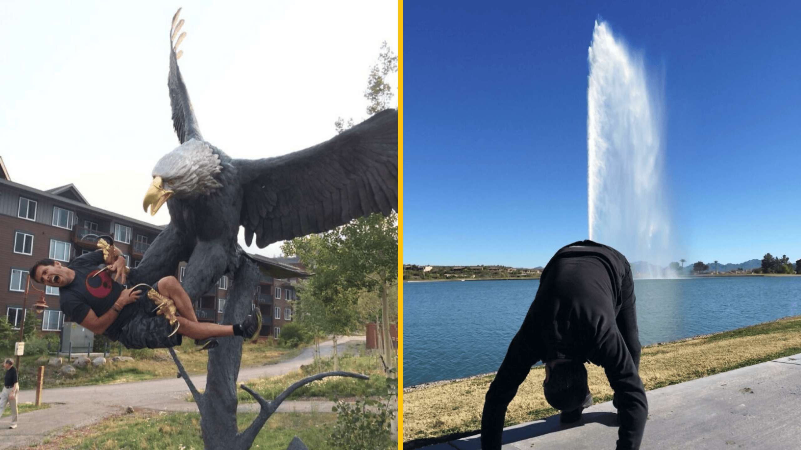 Muž vtipne interaguje so sochou orla; druhý pred fontánou v zábavnom predklone pri jazere.