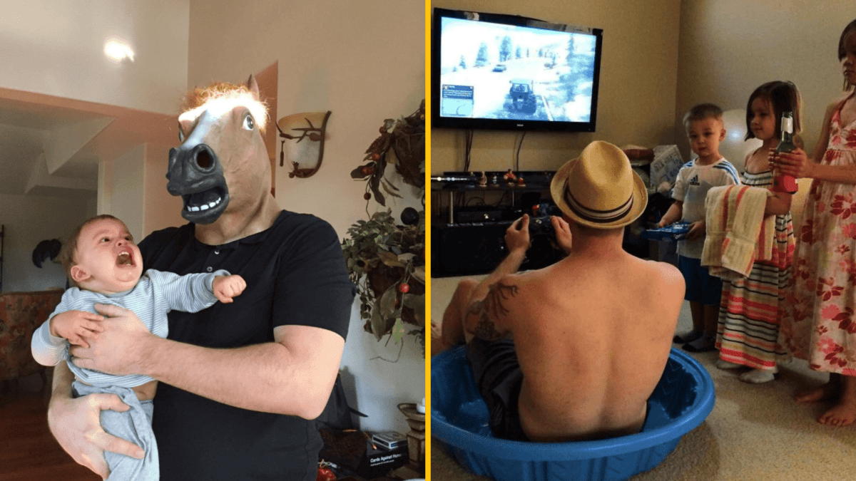 Osoba s maskou koňa drží plačúce dieťa; muž v klobúku hrá na konzole v bazéne.