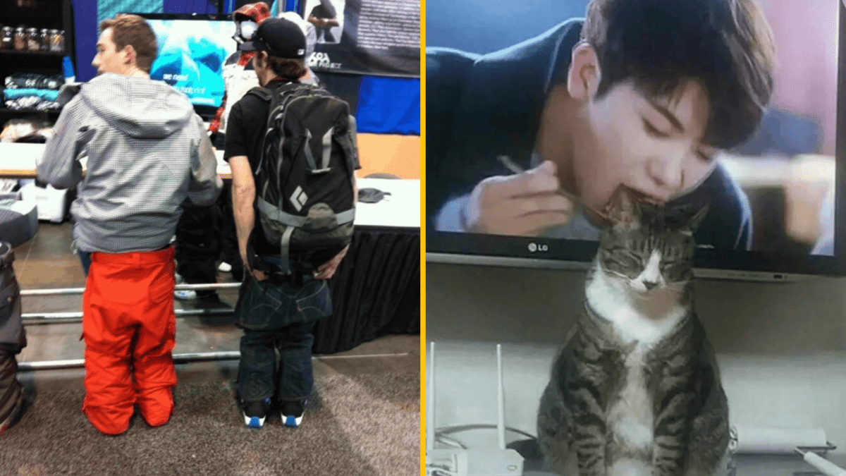 Ľudia v nezvyčajných pozíciách a mačka pred televízorom s jedlom v pozadí.