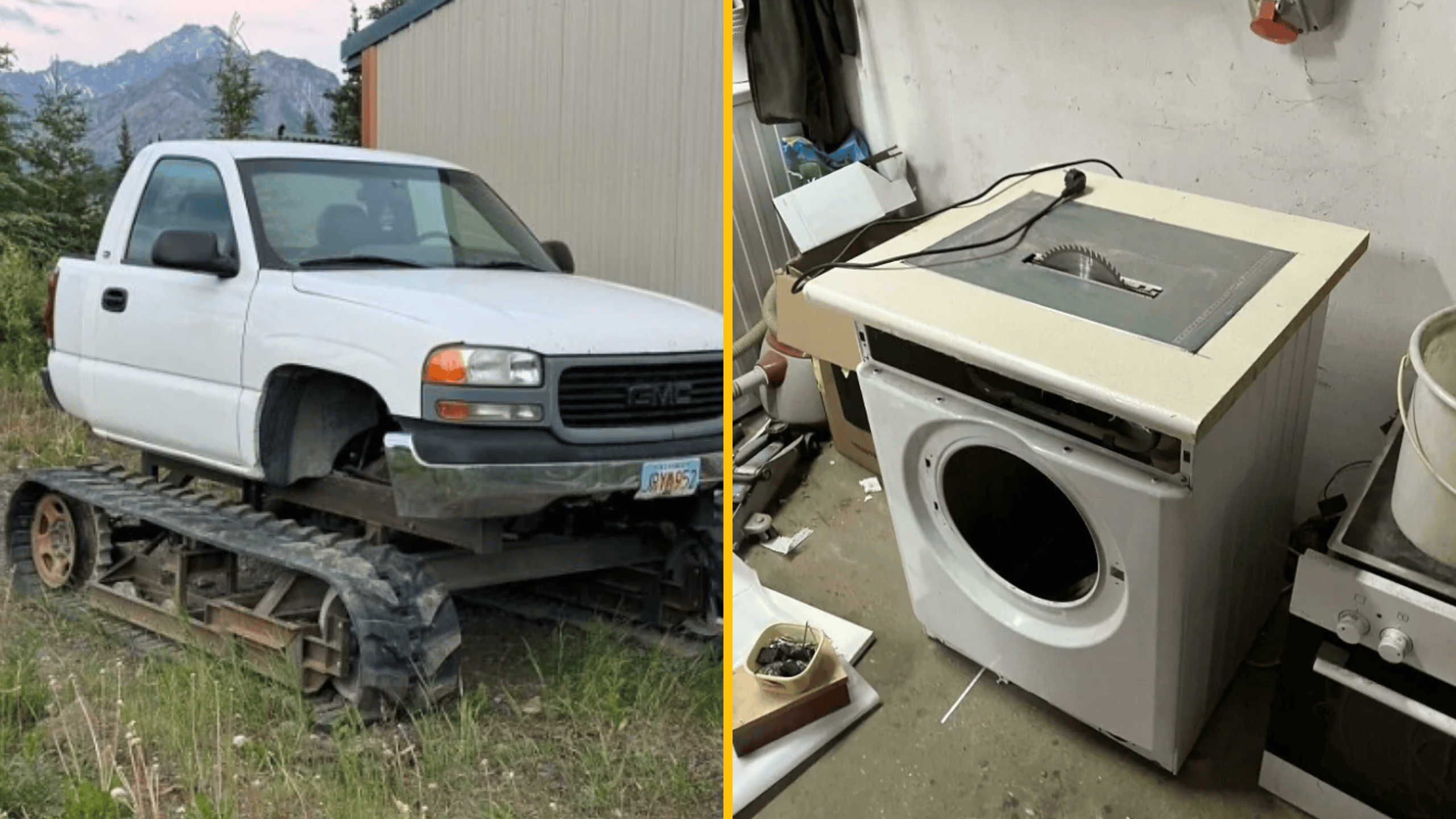 Biele vozidlo na pásoch vedľa dielenskej píly z automatickej práčky v garáži. Kombinácia vozidla a improvizovaného náradia.